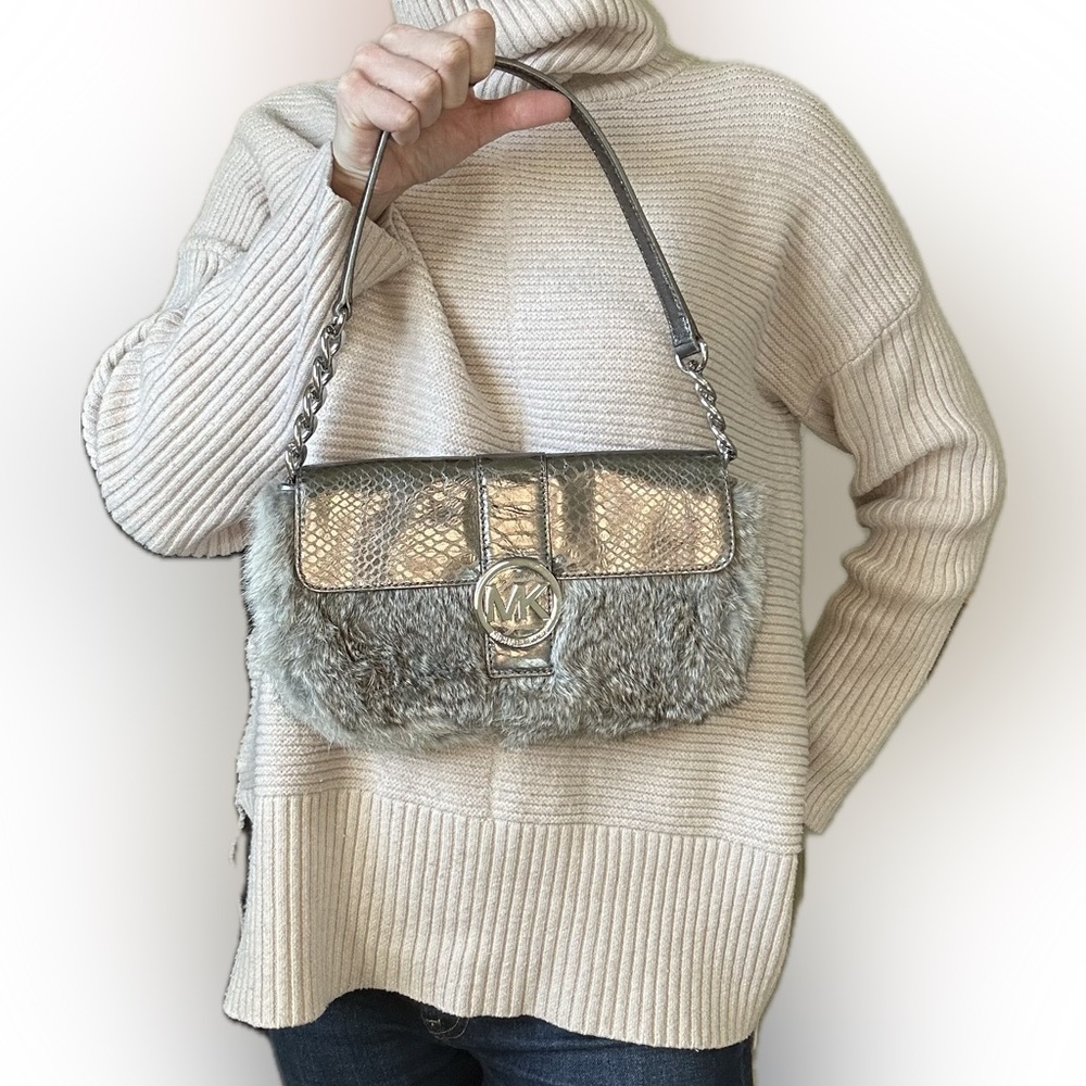 Michael Kors Genuine Rabbit Fur Silver Metallic Shoulder Bag - Picture 4 of 16